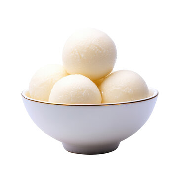 Elegant bowl of traditional Indian sweet dessert Rasgulla, perfectly arranged, showcasing its soft and spongy texture, isolated on white.