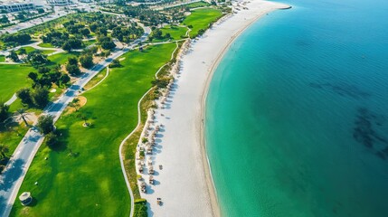 Top view of Al Mamzar Beach Park, Sharjah, with white sandy beaches and turquoise waters bordered by green lawns. No people.