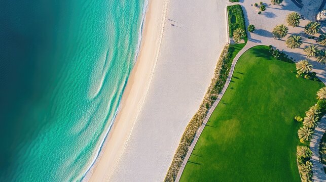 Top view of Al Mamzar Beach Park, Sharjah, with white sandy beaches and turquoise waters bordered by green lawns. No people.