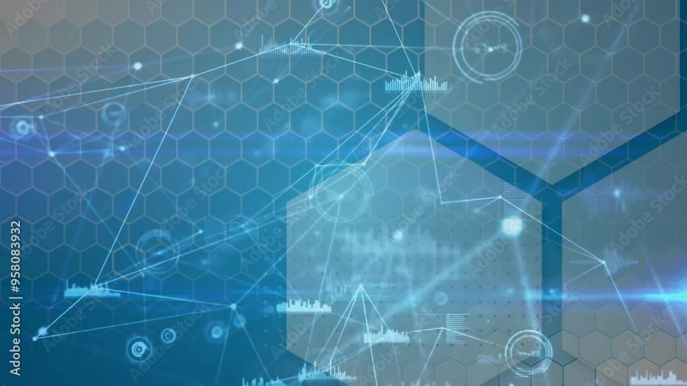 Poster hexagonal grid and data visualization animation over blue background