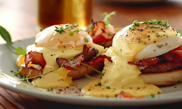 A plate of eggs benedict with bacon and parsley Video