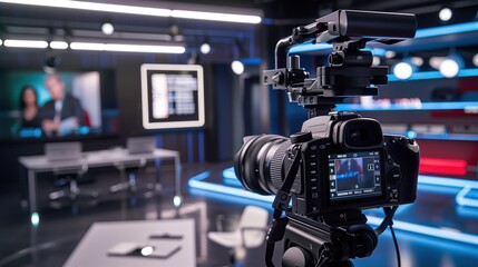 Professional Video Camera in Modern Studio Setup, Recording and Broadcasting Concept