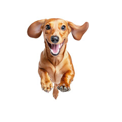 Happy dachshund dog running with joyful expression, isolated on white background. Playful pet animal showing excitement and energy.