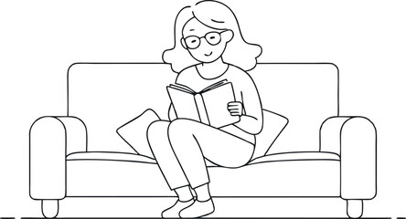 continuous-single-line-drawing-of-girl-reading-book line art vector illustration