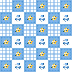Gentle gingham tartan seamless pattern with blue and yellow flowers for summer or spring, romantic cute ornament for print and design