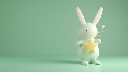 Obraz premium A cartoon rabbit holds a yellow star in front of a light green background.