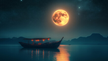 Serene Mid-Autumn Festival Night with Super Moon and Boat