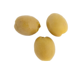 three of tasty green olives isolated on white background 