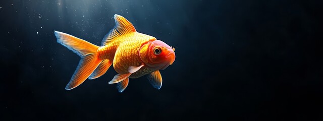  A goldfish swims near, its scales glinting in close-up against dark blue water Light casts an ethereal glow from its side