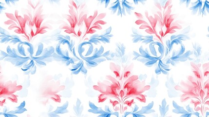 A seamless Baroque-inspired damask pattern in blue and red tones, rendered in watercolor style, features a continuous repeat on a white background.