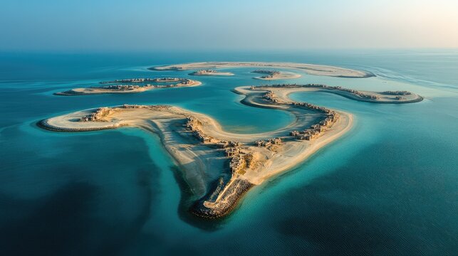 Top view of Ras Al Khaimah's Al Marjan Island, a series of artificial islands forming a coral shape. No people.