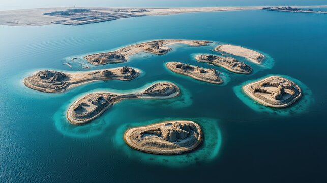 Top view of Ras Al Khaimah's Al Marjan Island, a series of artificial islands forming a coral shape. No people.
