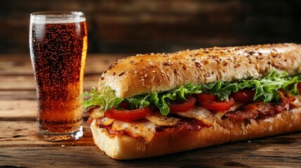 sandwich filled with minced meat, fresh vegetables and a cold cola drink.