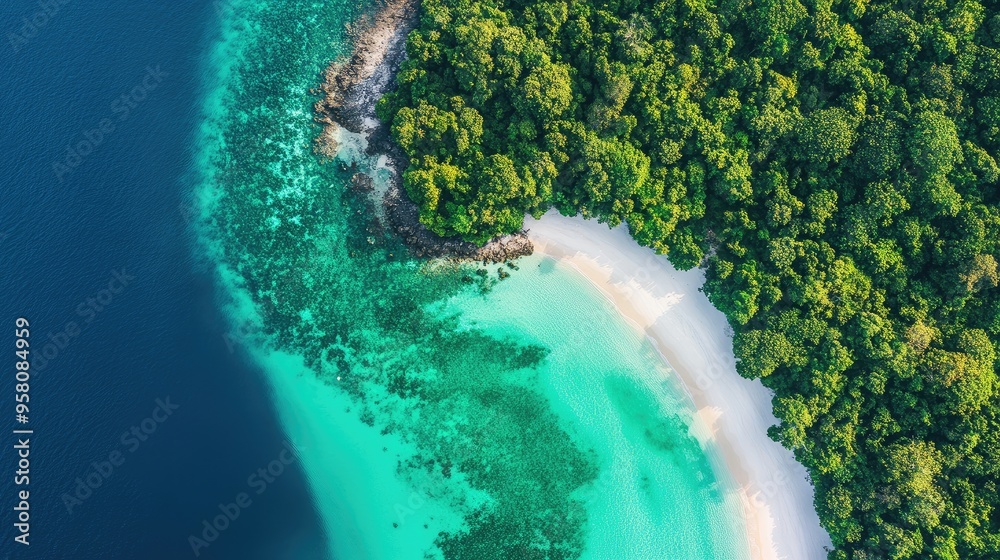 Sticker Top view of the Andaman Islands, with their pristine white beaches and coral reefs in the turquoise waters. No people.