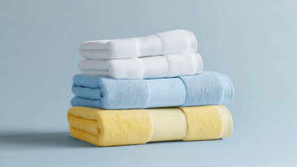Colorful Towel Stack: Light Blue, White, and Yellow