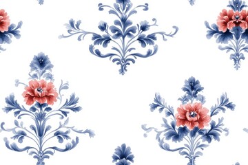 Obraz premium A seamless Baroque-inspired damask pattern in blue and red tones, rendered in watercolor style, features a continuous repeat on a white background. 