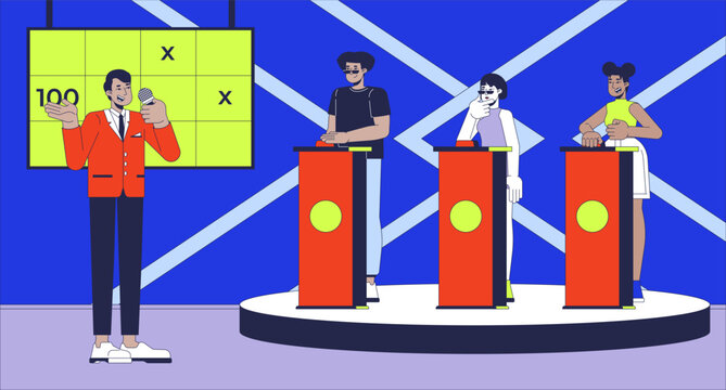 Game show on TV flat illustration. Host microphone, participants behind push buzzers 2D characters cartoon background. Entertainment gameshow competition broadcasting scene vector storytelling image