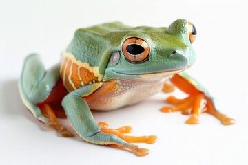 Frog Closeup: Green and Orange Tree Frog Isolated on White Background