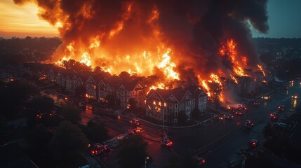 Aerial view of firefighters combating a large fire in a residential area