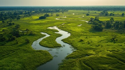 Top view of the Kaziranga National Park, Assam, showcasing vast grasslands and marshes with river channels. No people.