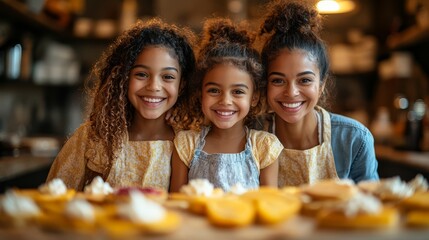 Fototapeta premium African American mother and daughter enjoying a moment of fun while decorating pancakes with fruit and whipped cream