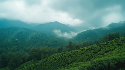 Obraz premium Top view of the lush greenery and tea gardens of Munnar, Kerala, set against misty mountain peaks. No people.