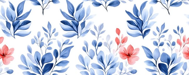 A seamless Baroque-inspired damask pattern in blue and red tones, rendered in watercolor style, features a continuous repeat on a white background.	