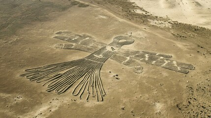 Top view of the Nazca Lines, with the famous geoglyphs like the hummingbird and monkey etched into the desert floor