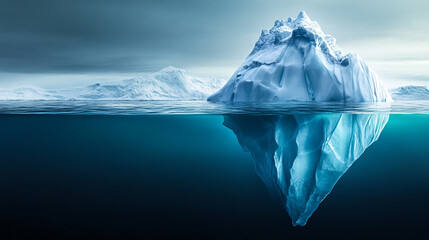 Obraz premium Massive iceberg floats in tranquil Arctic waters under a cloudy sky, reflecting its stunning shape in the icy blue depths below