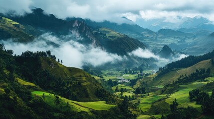 Fototapeta premium Top view of the rugged highland scenery of Cajamarca, with its verdant valleys and misty mountain ranges