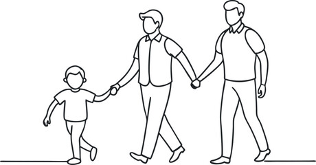 continuous single line drawing of parents with two young boys walking hand in hand, line art vector illustration