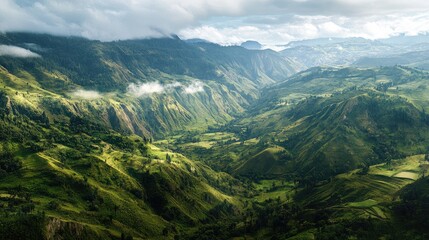 Top view of the rugged highland scenery of Cajamarca, with its verdant valleys and misty mountain ranges
