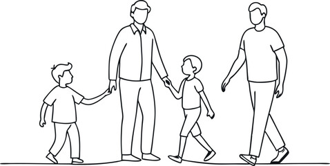 continuous single line drawing of parents with two young boys walking hand in hand, line art vector illustration