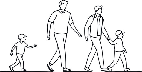 continuous single line drawing of parents with two young boys walking hand in hand, line art vector illustration