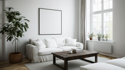 Cozy Modern Living Room with White Sofa, Wooden Coffee Table, and Large Window with Natural Light