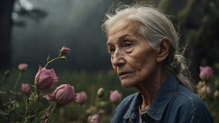 sad nostalgic lonely old woman flowers anticipatory grief