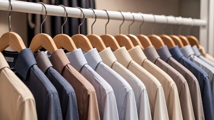 Fototapeta premium A row of collared shirts hangs on wooden hangers in a closet.
