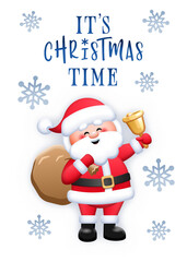It's Christmas Time. Merry Santa Claus with golden bell and gifts. Cute cartoon character. Christmas greeting card.