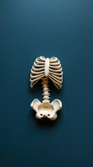 A white plastic human skeleton torso with ribs and pelvis on a blue background.
