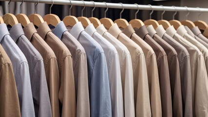 Row of shirts hanging on wooden hangers in various neutral colors.