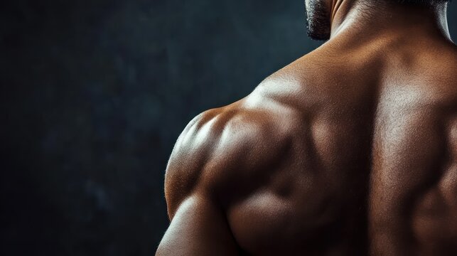 Rear view of a muscular man's upper body, showing off his defined shoulders and back muscles against a dark, textured background. - Powered by Adobe