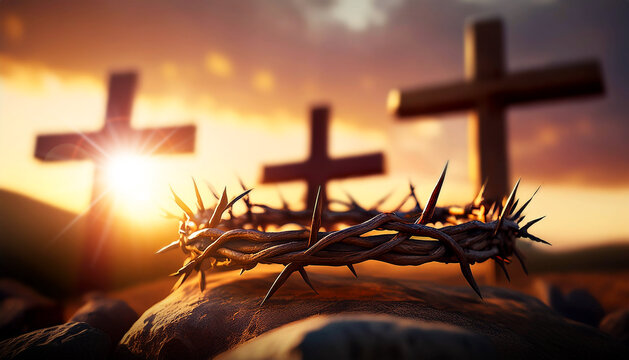 Close-up of a crown of thorns on rock and three wooden religious crosses above the hill against a dramatic sky and sunbeams at sunset. Religious symbol of good Friday, passion of Jesus. Generative Ai