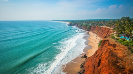 Top view of Varkala Beach in Kerala, with its red cliffs and coconut palms overlooking the Arabian Sea. No people.
