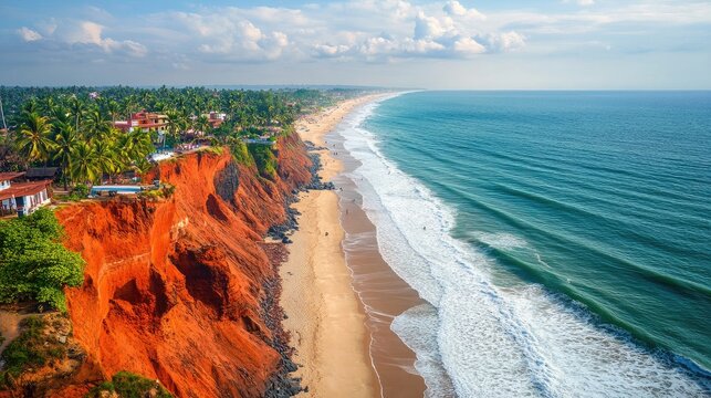 Top view of Varkala Beach in Kerala, with its red cliffs and coconut palms overlooking the Arabian Sea. No people.