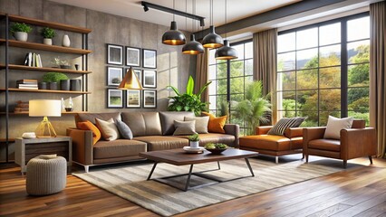 Fototapeta premium Warm southwest-style decor melds with sleek Midwestern sensibility in a Sioux Falls living room, featuring a mix of