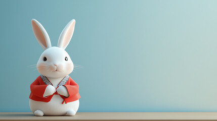Obraz premium Rabbit in Asian clothes sitting in front of isolated blue background - ai generative