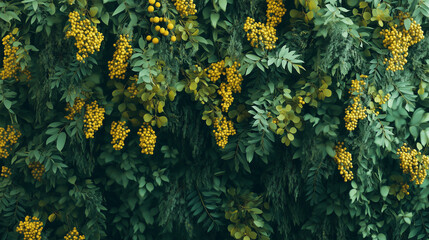 Green foliage wall with clusters of yellow flowers, natural and lush background