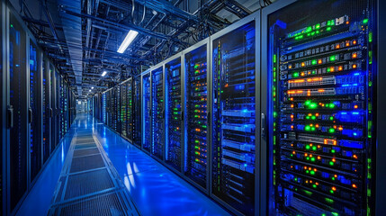 Fototapeta premium High-tech server room with illuminated racks and advanced computing equipment in a modern data center at night