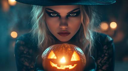 A woman in a witch costume holding a pumpkin lantern. The image has a spooky and eerie mood