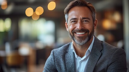 Fototapeta premium Business leader smiling warmly during a team meeting in a modern conference room
